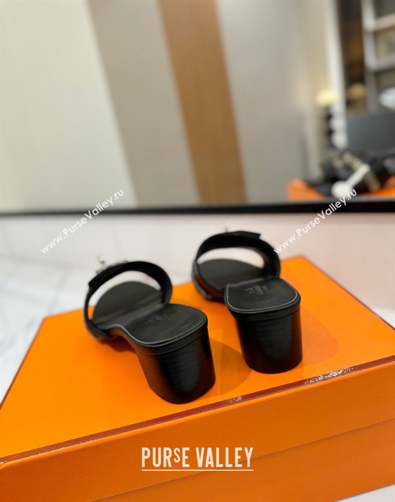Hermes Gigi Heel Slides Sandal 4.5cm in Calfskin Leather with Kelly Buckle Black 2025 0421 (MD-250421034)