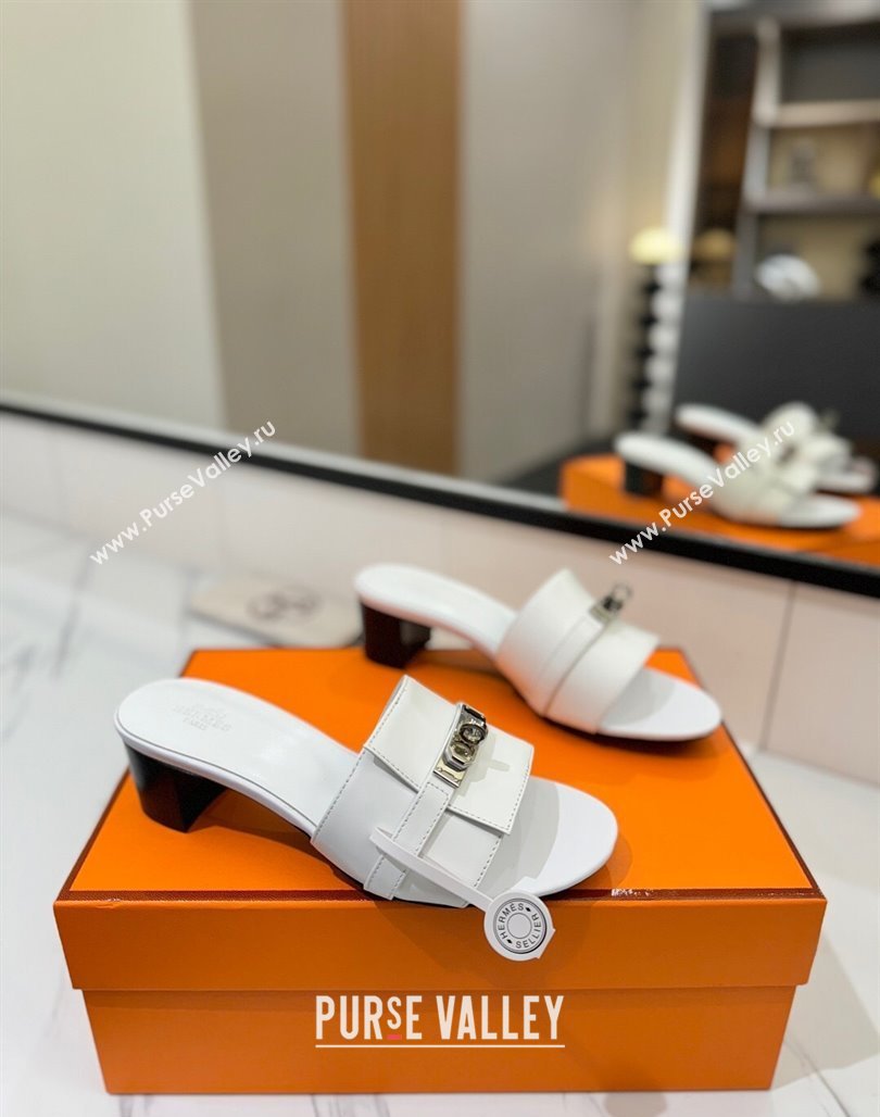 Hermes Gigi Heel Slides Sandal 4.5cm in Smooth Calfskin with Kelly Buckle White 2025 0421 (MD-250421036)