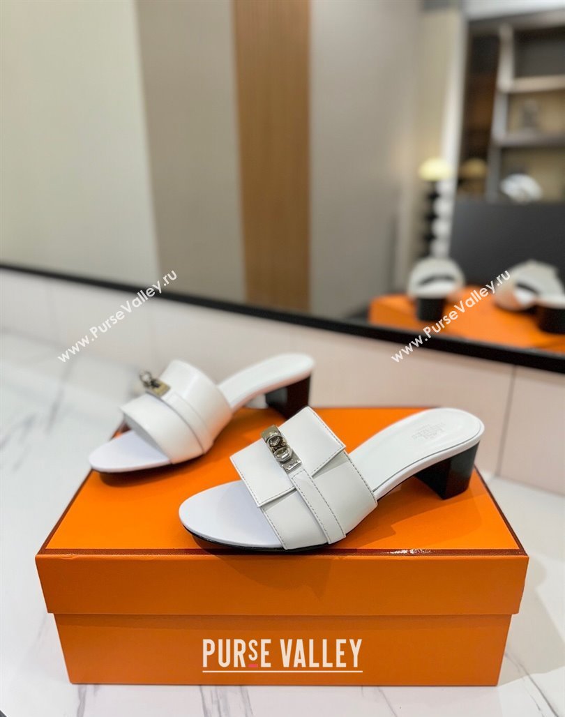 Hermes Gigi Heel Slides Sandal 4.5cm in Smooth Calfskin with Kelly Buckle White 2025 0421 (MD-250421036)