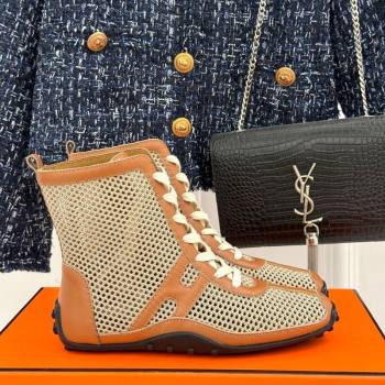 Hermes Kiatsu High-top Sneakers in Crochet Knit Mesh and Calfskin Brown 2025 0421 (MD-250421017)