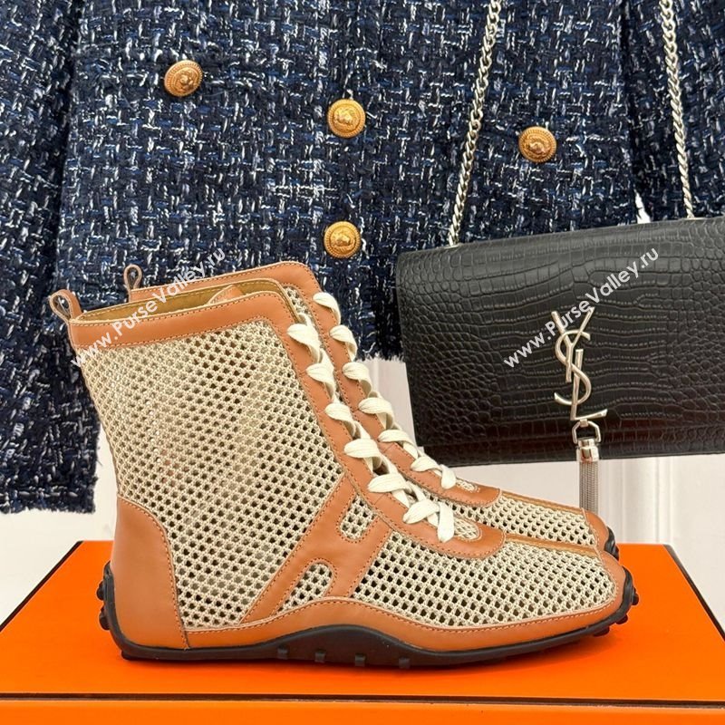 Hermes Kiatsu High-top Sneakers in Crochet Knit Mesh and Calfskin Brown 2025 0421 (MD-250421017)
