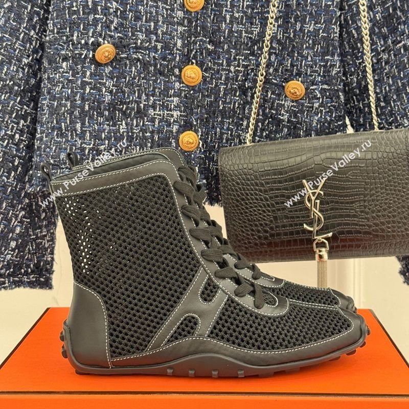 Hermes Kiatsu High-top Sneakers in Crochet Knit Mesh and Calfskin Black 2025 0421 (MD-250421015)