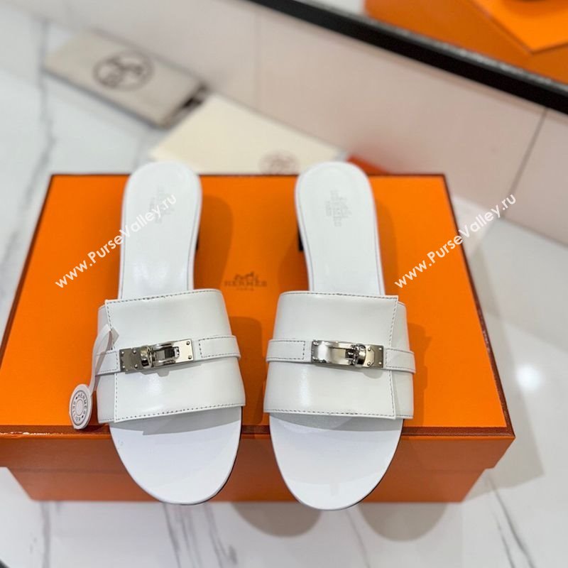 Hermes Gigi Heel Slides Sandal 4.5cm in Smooth Calfskin with Kelly Buckle White 2025 0421 (MD-250421036)
