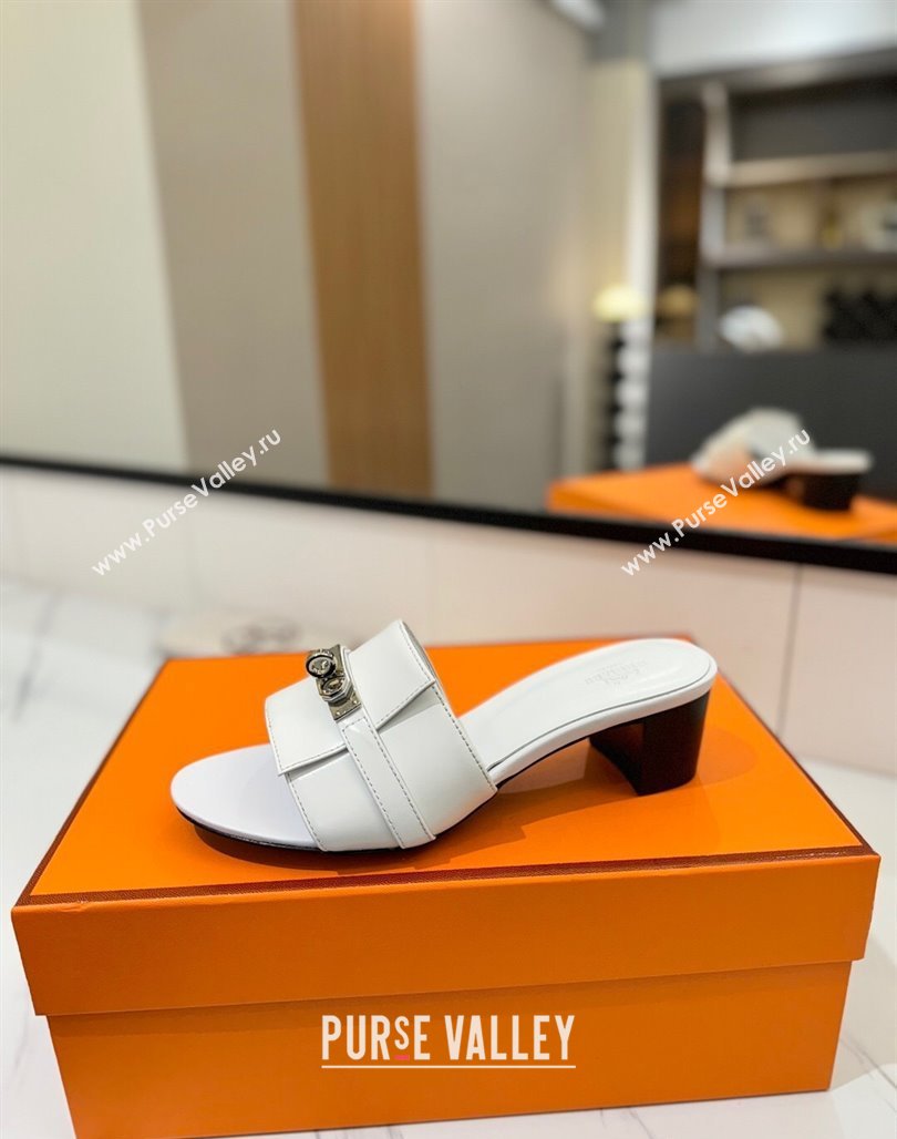 Hermes Gigi Heel Slides Sandal 4.5cm in Smooth Calfskin with Kelly Buckle White 2025 0421 (MD-250421036)