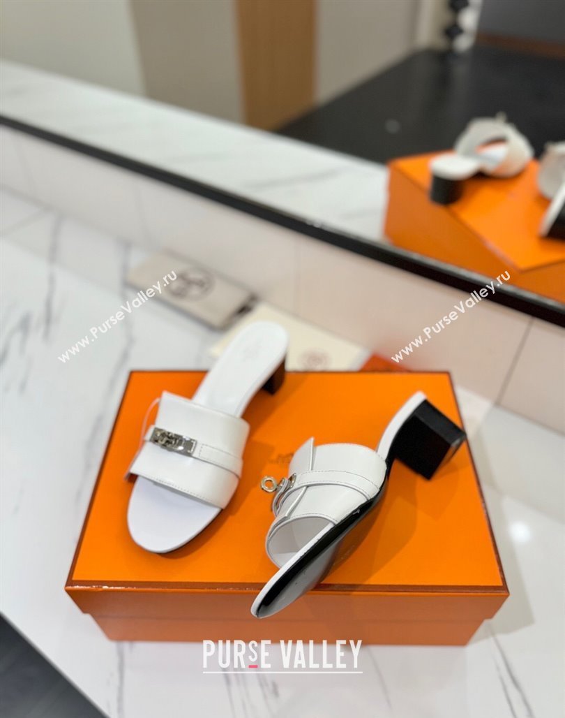 Hermes Gigi Heel Slides Sandal 4.5cm in Smooth Calfskin with Kelly Buckle White 2025 0421 (MD-250421036)