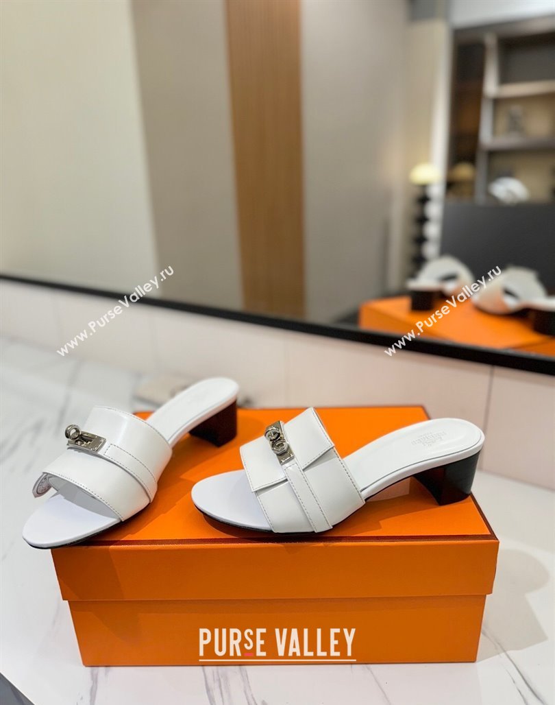 Hermes Gigi Heel Slides Sandal 4.5cm in Smooth Calfskin with Kelly Buckle White 2025 0421 (MD-250421036)