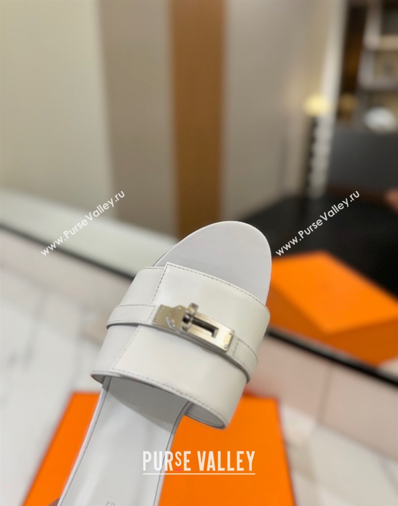 Hermes Gigi Heel Slides Sandal 4.5cm in Smooth Calfskin with Kelly Buckle White 2025 0421 (MD-250421036)