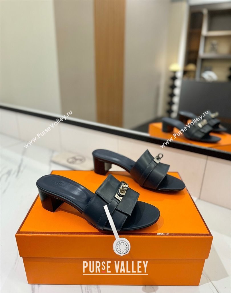 Hermes Gigi Heel Slides Sandal 4.5cm in Smooth Calfskin with Kelly Buckle Dark Blue 2025 0421 (MD-250421037)