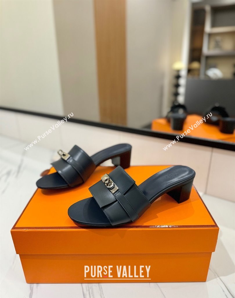 Hermes Gigi Heel Slides Sandal 4.5cm in Smooth Calfskin with Kelly Buckle Dark Blue 2025 0421 (MD-250421037)