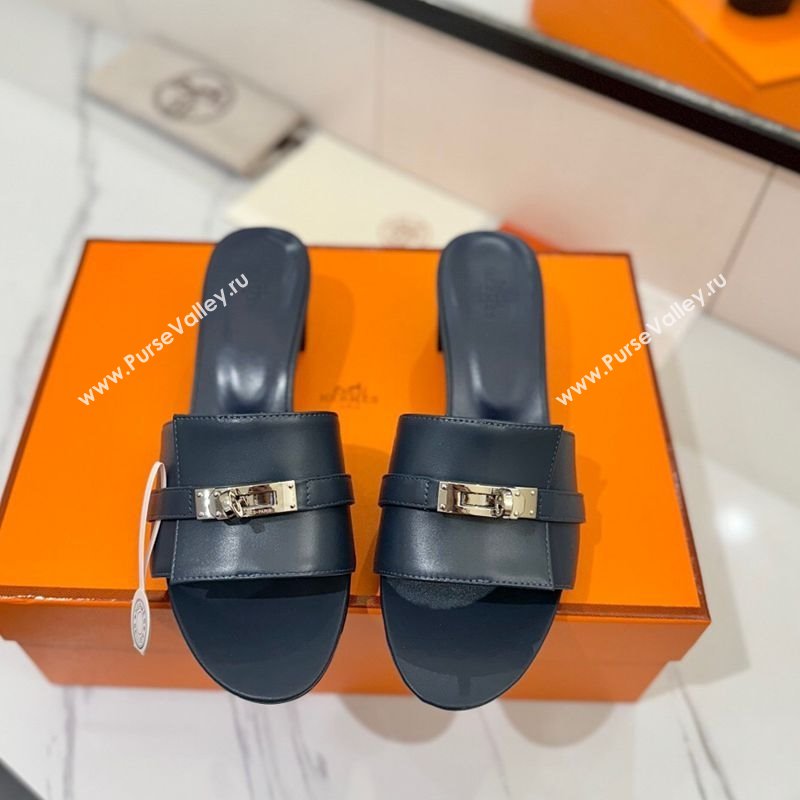 Hermes Gigi Heel Slides Sandal 4.5cm in Smooth Calfskin with Kelly Buckle Dark Blue 2025 0421 (MD-250421037)