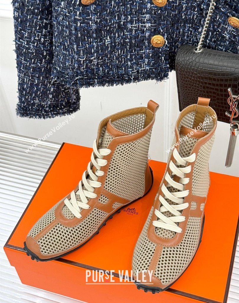Hermes Kiatsu High-top Sneakers in Crochet Knit Mesh and Calfskin Brown 2025 0421 (MD-250421017)