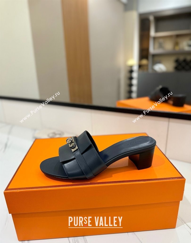 Hermes Gigi Heel Slides Sandal 4.5cm in Smooth Calfskin with Kelly Buckle Dark Blue 2025 0421 (MD-250421037)