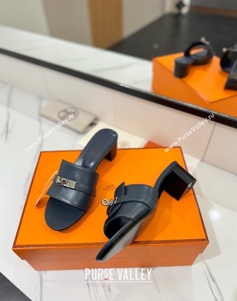 Hermes Gigi Heel Slides Sandal 4.5cm in Smooth Calfskin with Kelly Buckle Dark Blue 2025 0421 (MD-250421037)
