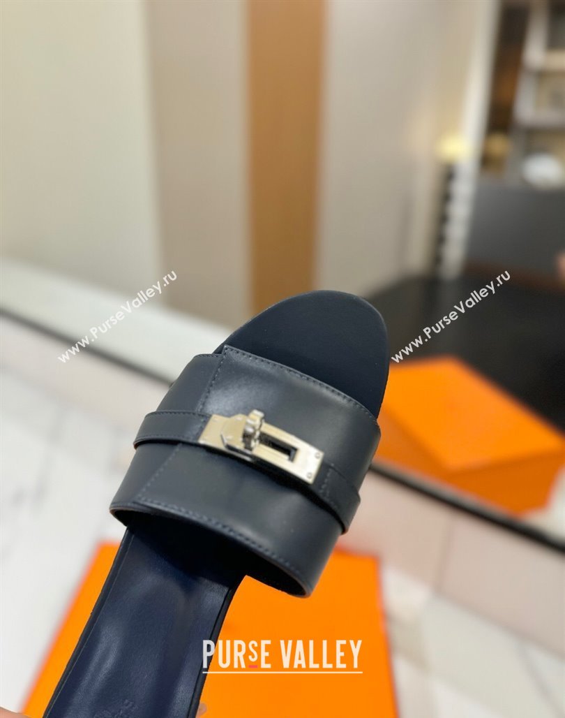 Hermes Gigi Heel Slides Sandal 4.5cm in Smooth Calfskin with Kelly Buckle Dark Blue 2025 0421 (MD-250421037)