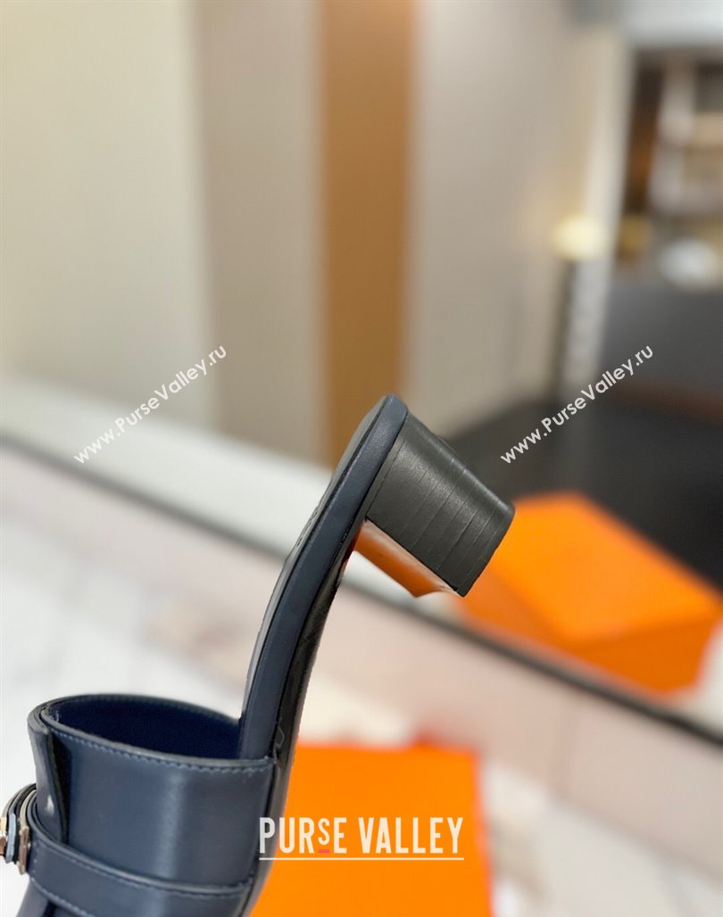 Hermes Gigi Heel Slides Sandal 4.5cm in Smooth Calfskin with Kelly Buckle Dark Blue 2025 0421 (MD-250421037)