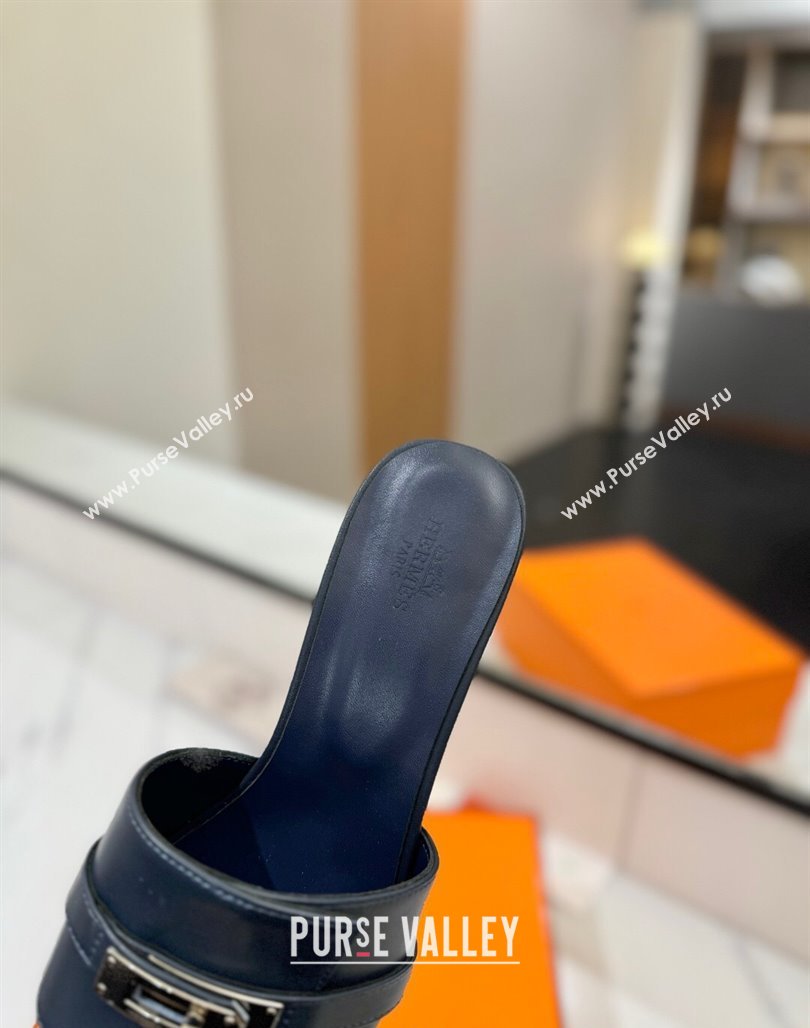Hermes Gigi Heel Slides Sandal 4.5cm in Smooth Calfskin with Kelly Buckle Dark Blue 2025 0421 (MD-250421037)