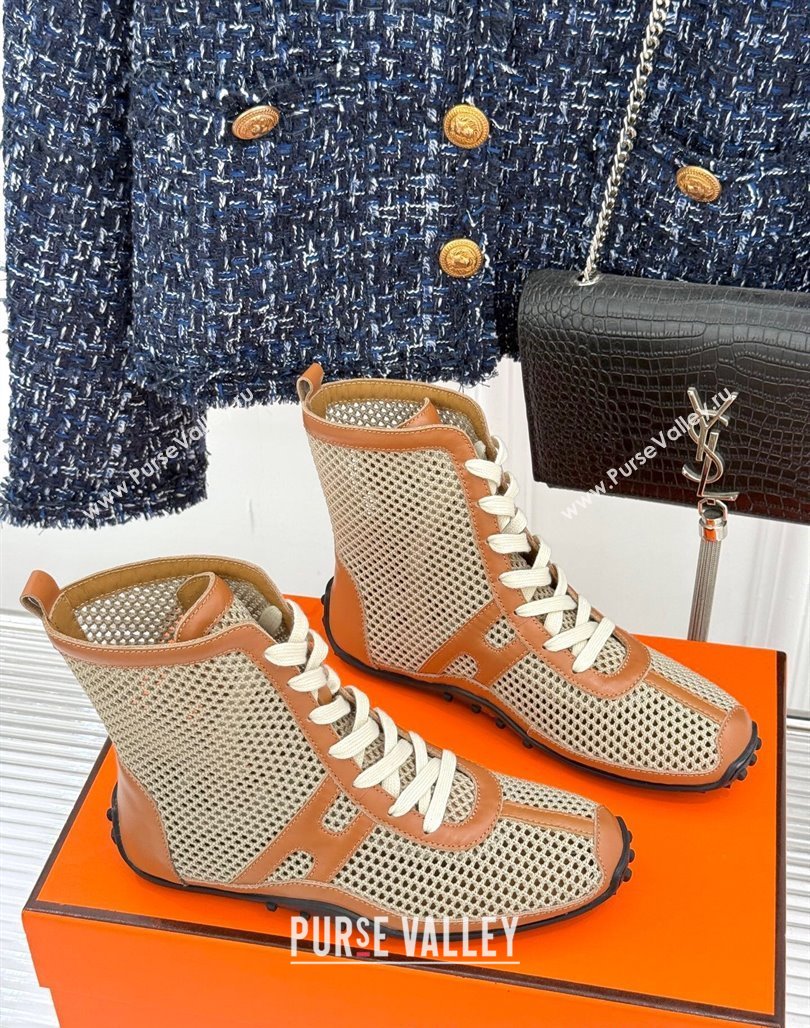 Hermes Kiatsu High-top Sneakers in Crochet Knit Mesh and Calfskin Brown 2025 0421 (MD-250421017)