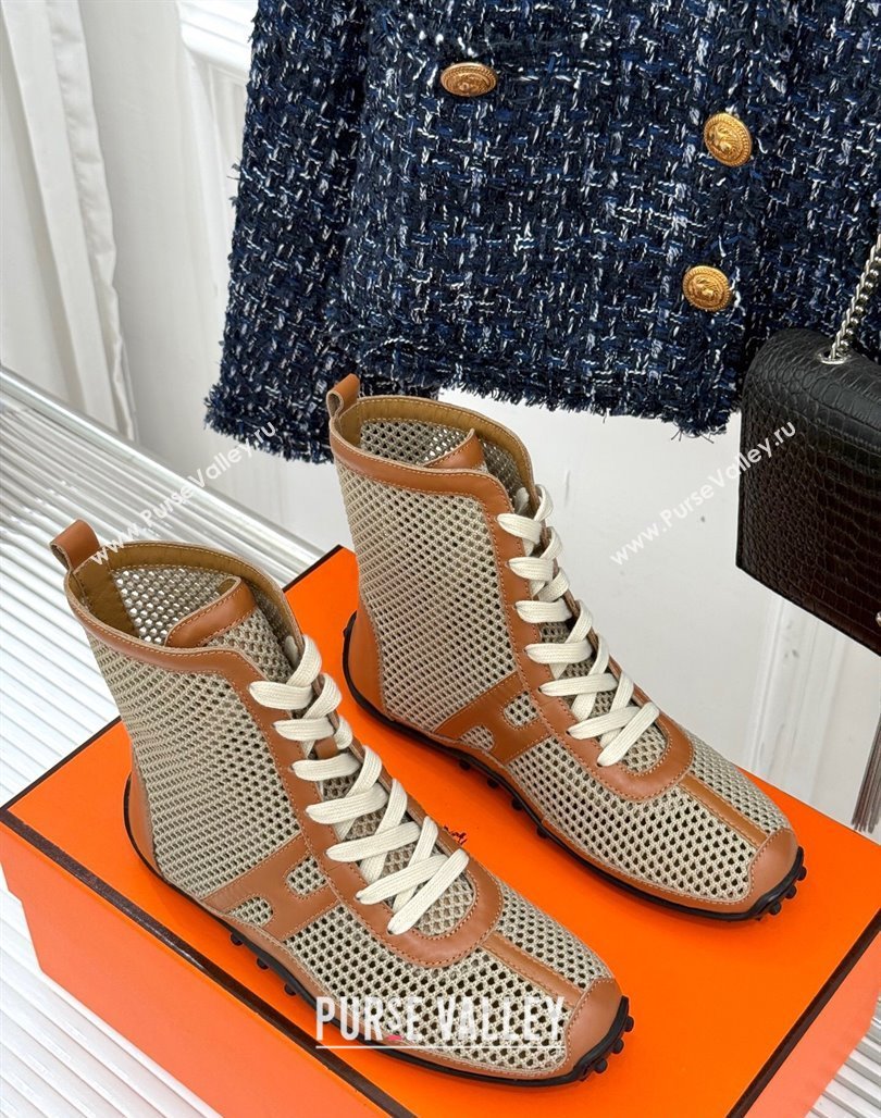 Hermes Kiatsu High-top Sneakers in Crochet Knit Mesh and Calfskin Brown 2025 0421 (MD-250421017)
