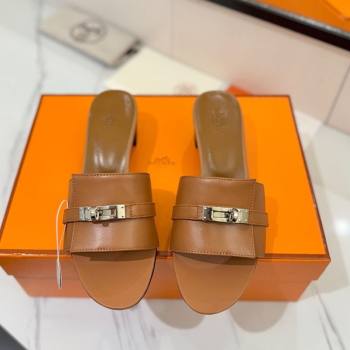 Hermes Gigi Heel Slides Sandal 4.5cm in Smooth Calfskin with Kelly Buckle Brown 2025 0421 (MD-250421040)