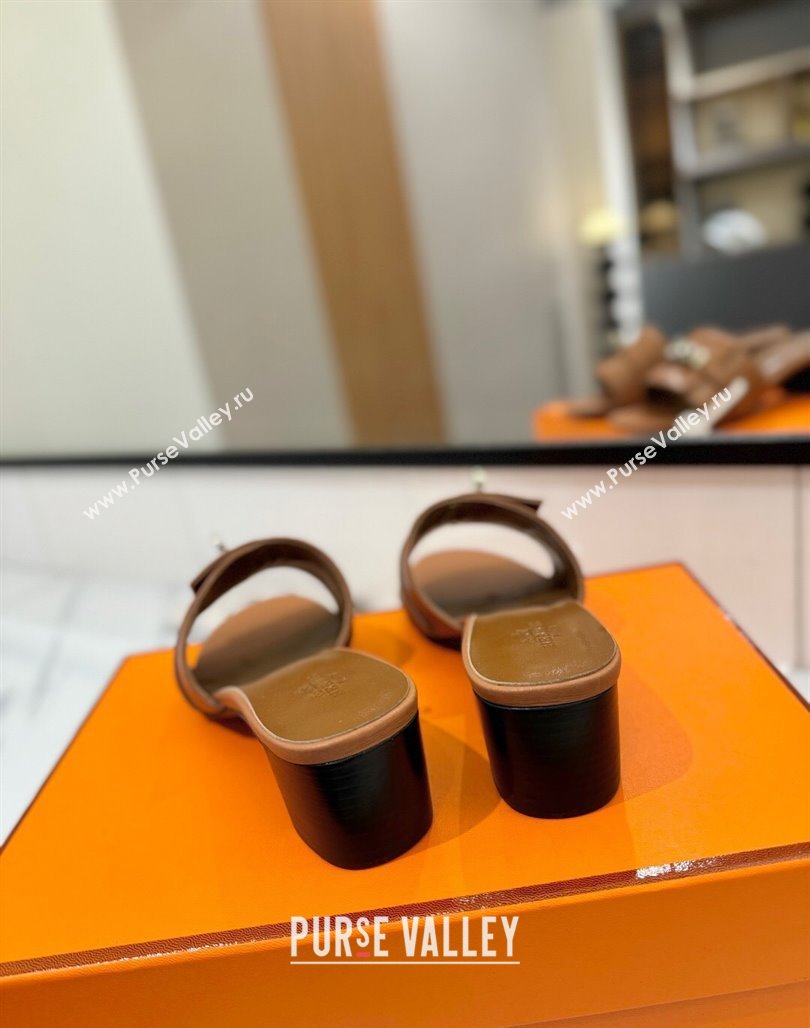 Hermes Gigi Heel Slides Sandal 4.5cm in Smooth Calfskin with Kelly Buckle Brown 2025 0421 (MD-250421040)