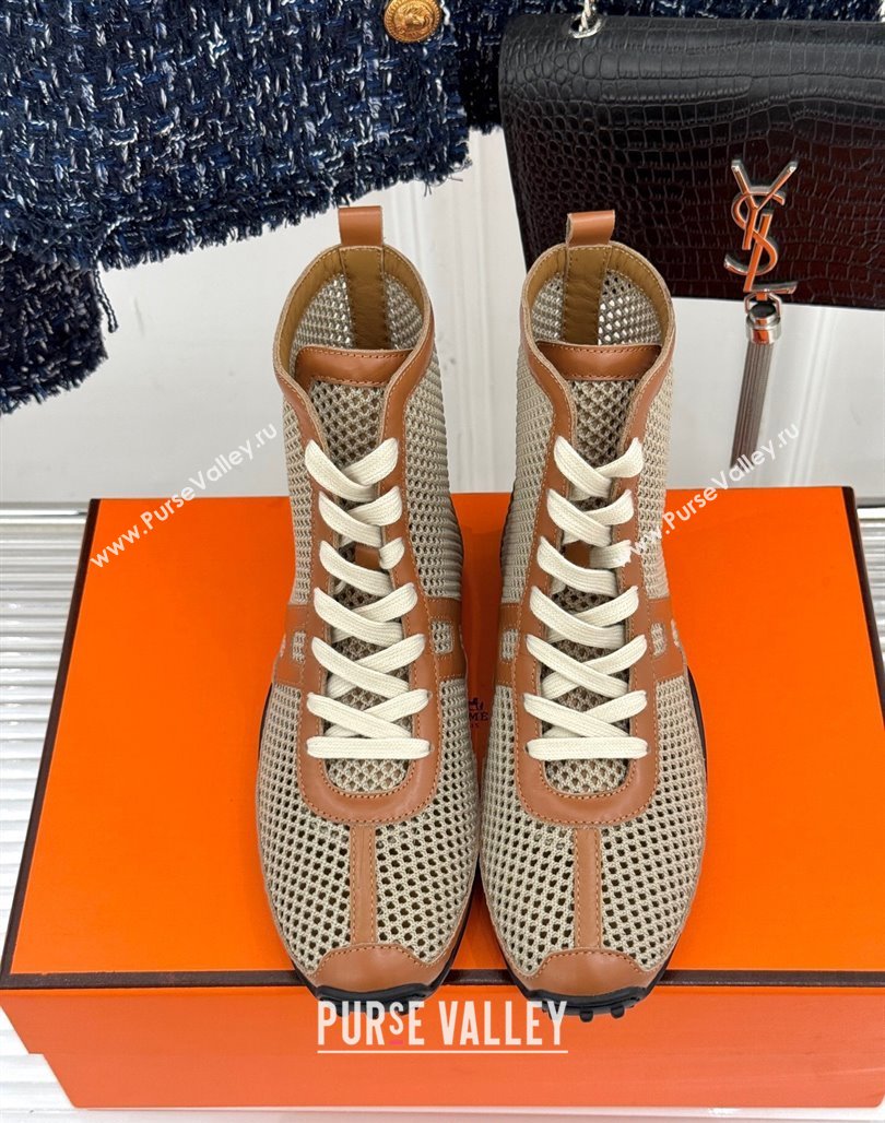 Hermes Kiatsu High-top Sneakers in Crochet Knit Mesh and Calfskin Brown 2025 0421 (MD-250421017)
