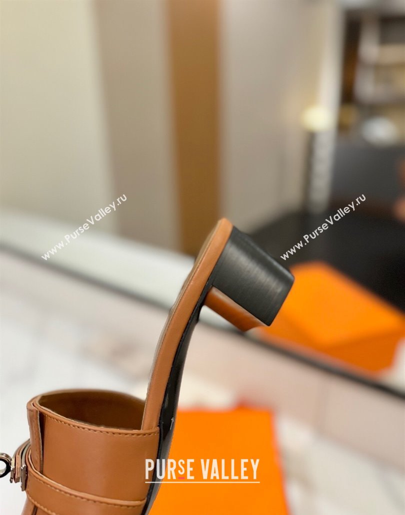 Hermes Gigi Heel Slides Sandal 4.5cm in Smooth Calfskin with Kelly Buckle Brown 2025 0421 (MD-250421040)