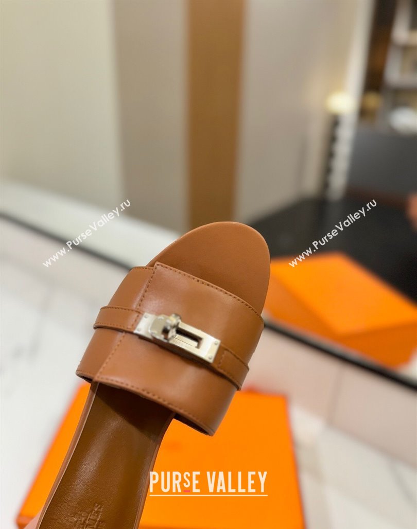 Hermes Gigi Heel Slides Sandal 4.5cm in Smooth Calfskin with Kelly Buckle Brown 2025 0421 (MD-250421040)