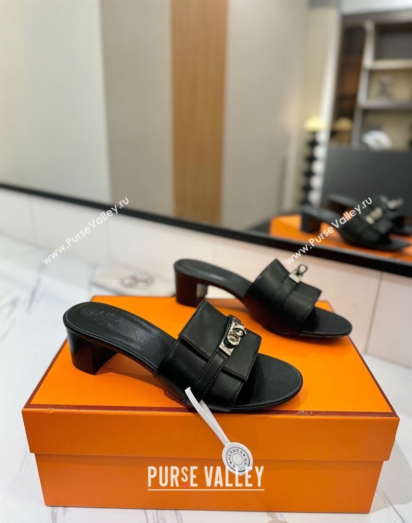 Hermes Gigi Heel Slides Sandal 4.5cm in Smooth Calfskin with Kelly Buckle Black 2025 0421 (MD-250421041)