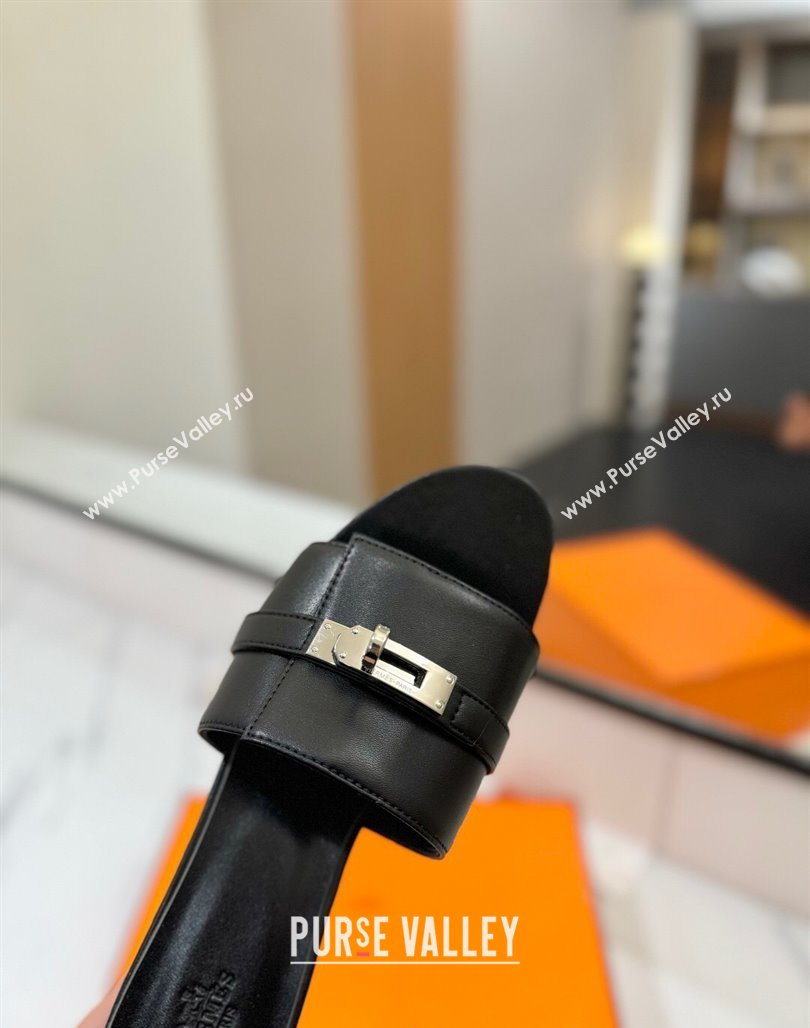 Hermes Gigi Heel Slides Sandal 4.5cm in Smooth Calfskin with Kelly Buckle Black 2025 0421 (MD-250421041)