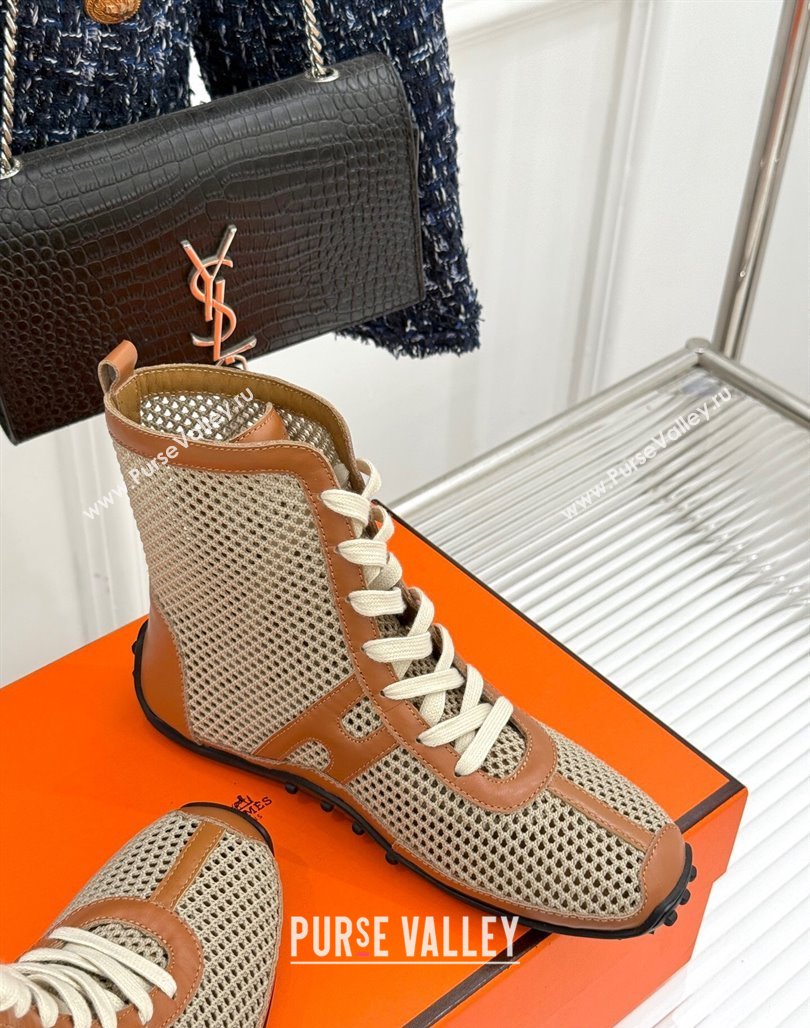 Hermes Kiatsu High-top Sneakers in Crochet Knit Mesh and Calfskin Brown 2025 0421 (MD-250421017)