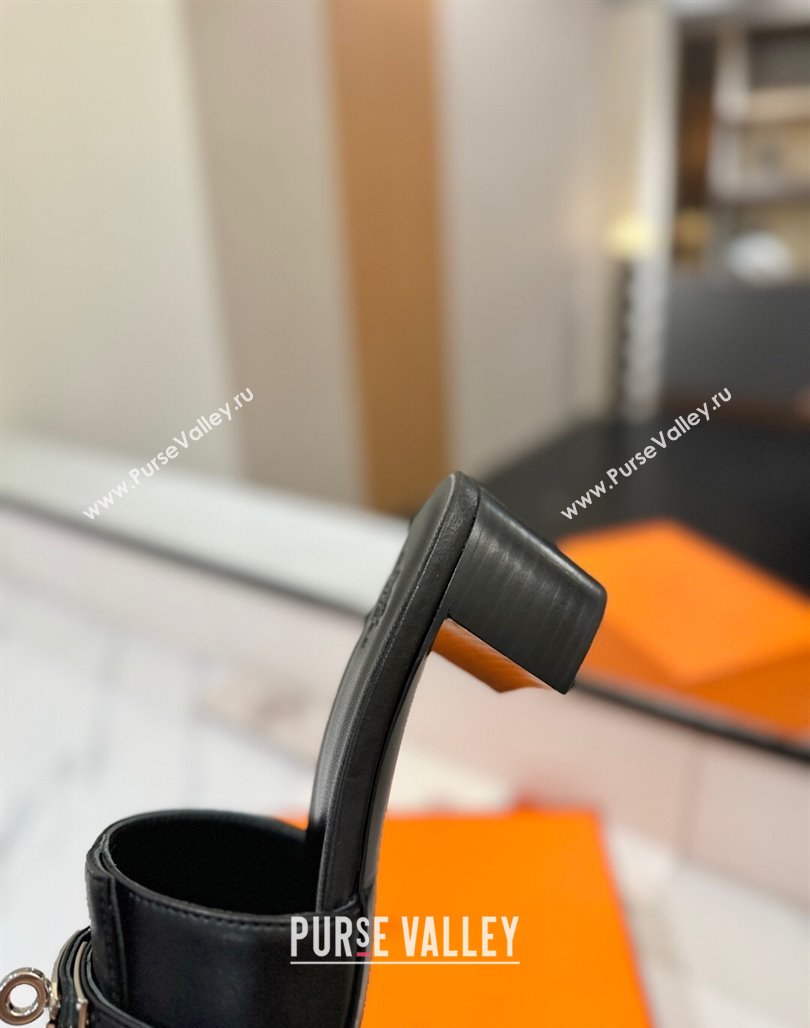 Hermes Gigi Heel Slides Sandal 4.5cm in Smooth Calfskin with Kelly Buckle Black 2025 0421 (MD-250421041)