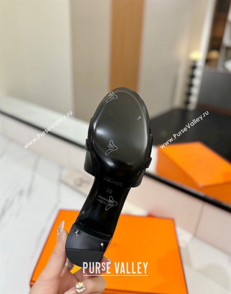 Hermes Gigi Heel Slides Sandal 4.5cm in Smooth Calfskin with Kelly Buckle Black 2025 0421 (MD-250421041)