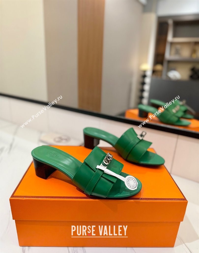 Hermes Gigi Heel Slides Sandal 4.5cm in Smooth Calfskin with Kelly Buckle Green 2025 0421 (MD-250421042)