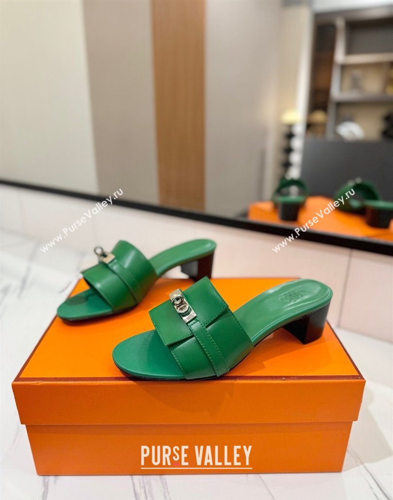 Hermes Gigi Heel Slides Sandal 4.5cm in Smooth Calfskin with Kelly Buckle Green 2025 0421 (MD-250421042)