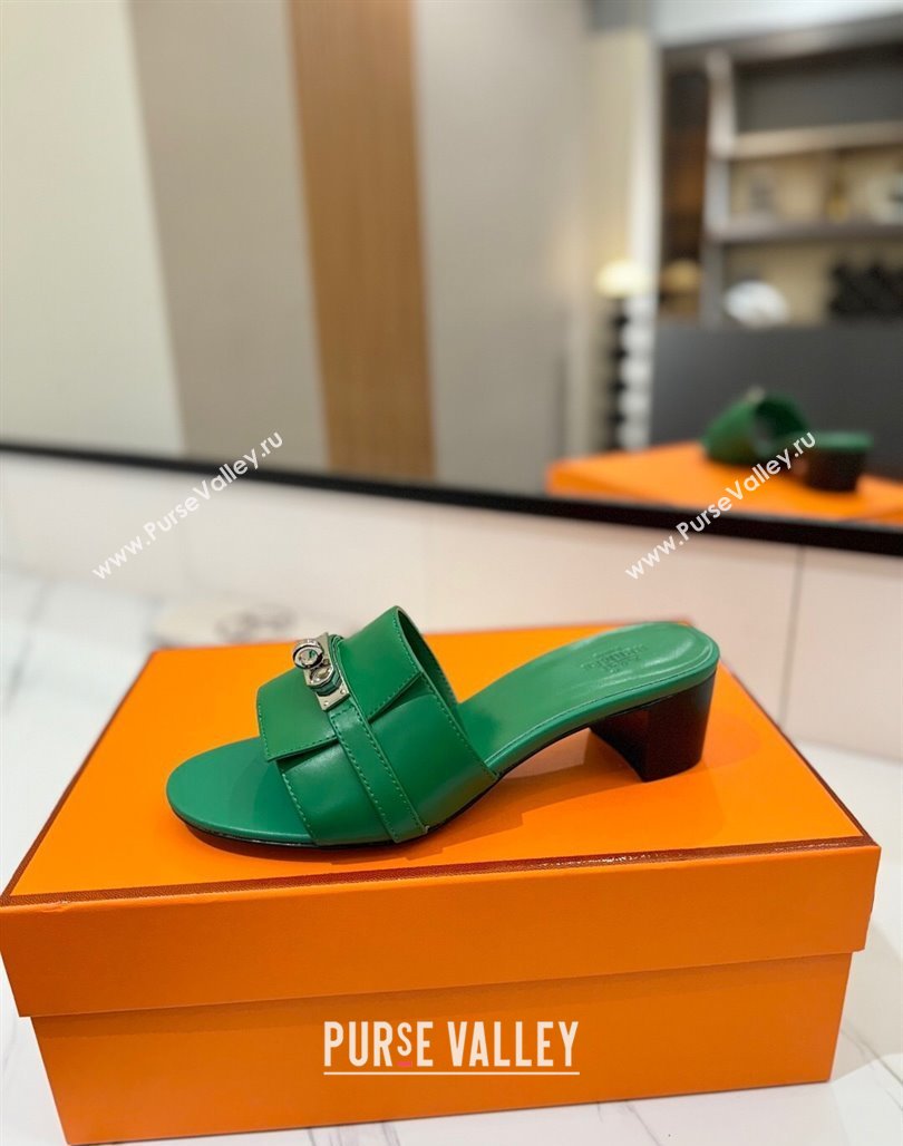 Hermes Gigi Heel Slides Sandal 4.5cm in Smooth Calfskin with Kelly Buckle Green 2025 0421 (MD-250421042)