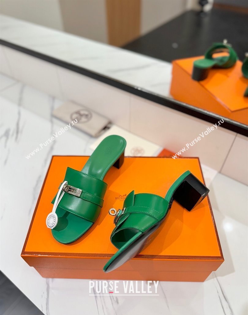 Hermes Gigi Heel Slides Sandal 4.5cm in Smooth Calfskin with Kelly Buckle Green 2025 0421 (MD-250421042)