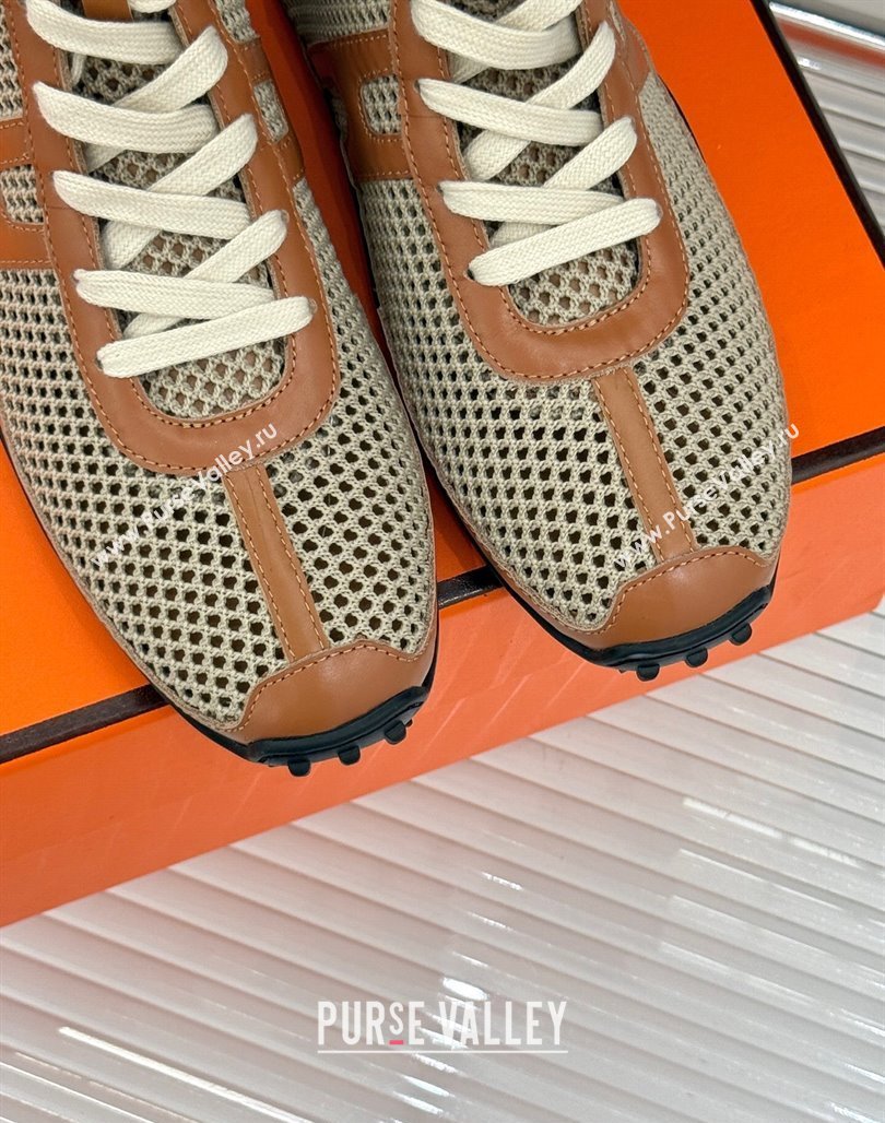 Hermes Kiatsu High-top Sneakers in Crochet Knit Mesh and Calfskin Brown 2025 0421 (MD-250421017)