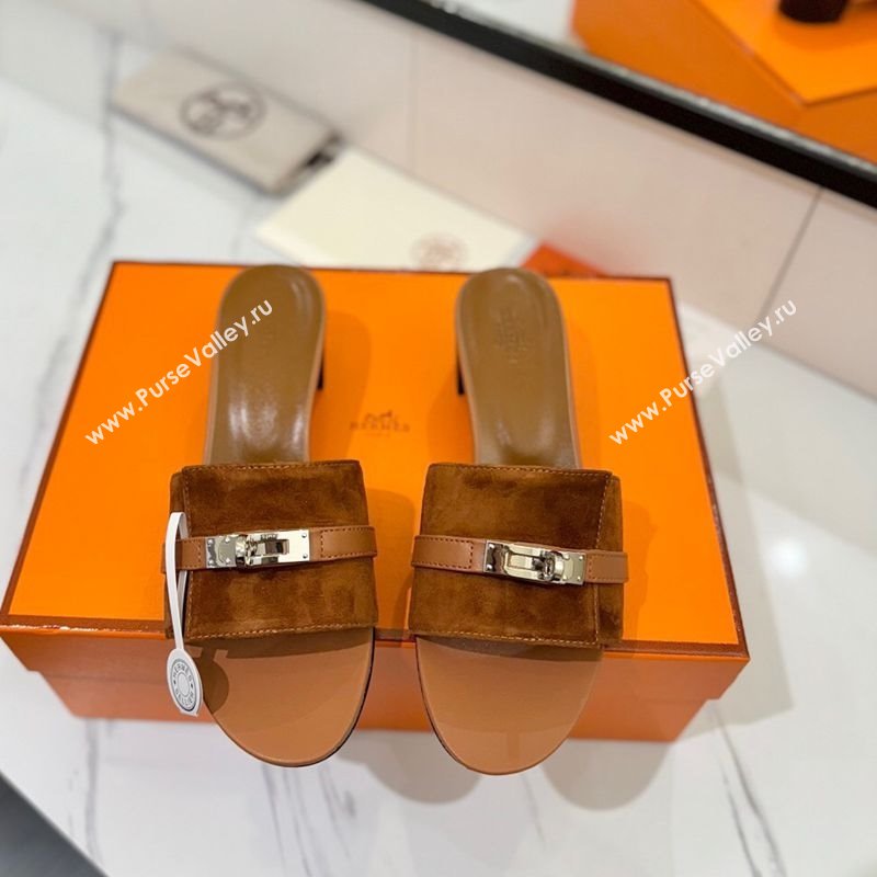 Hermes Gigi Heel Slides Sandal 4.5cm in Suede with Kelly Buckle Brown 2025 0421 (MD-250421043)