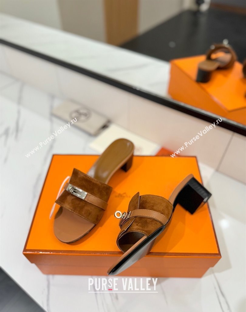 Hermes Gigi Heel Slides Sandal 4.5cm in Suede with Kelly Buckle Brown 2025 0421 (MD-250421043)