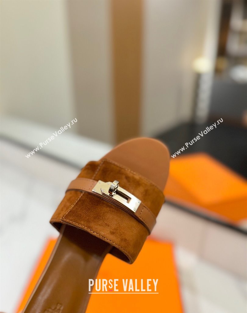 Hermes Gigi Heel Slides Sandal 4.5cm in Suede with Kelly Buckle Brown 2025 0421 (MD-250421043)