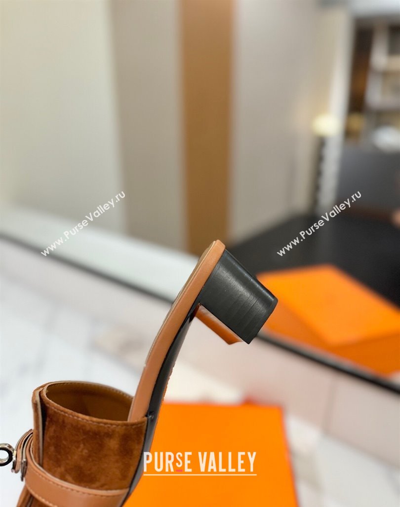 Hermes Gigi Heel Slides Sandal 4.5cm in Suede with Kelly Buckle Brown 2025 0421 (MD-250421043)