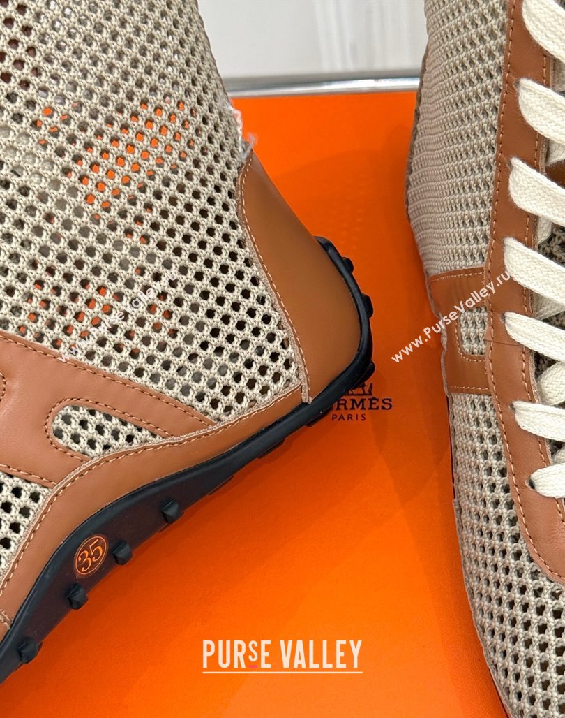 Hermes Kiatsu High-top Sneakers in Crochet Knit Mesh and Calfskin Brown 2025 0421 (MD-250421017)