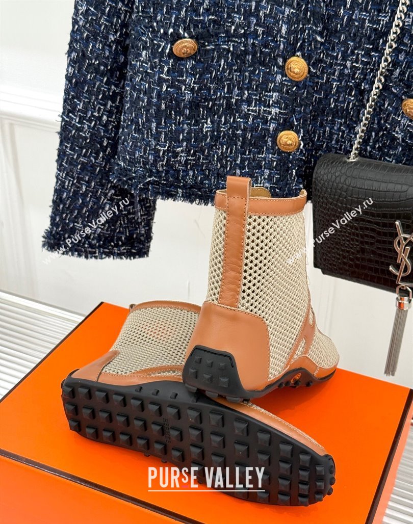 Hermes Kiatsu High-top Sneakers in Crochet Knit Mesh and Calfskin Brown 2025 0421 (MD-250421017)