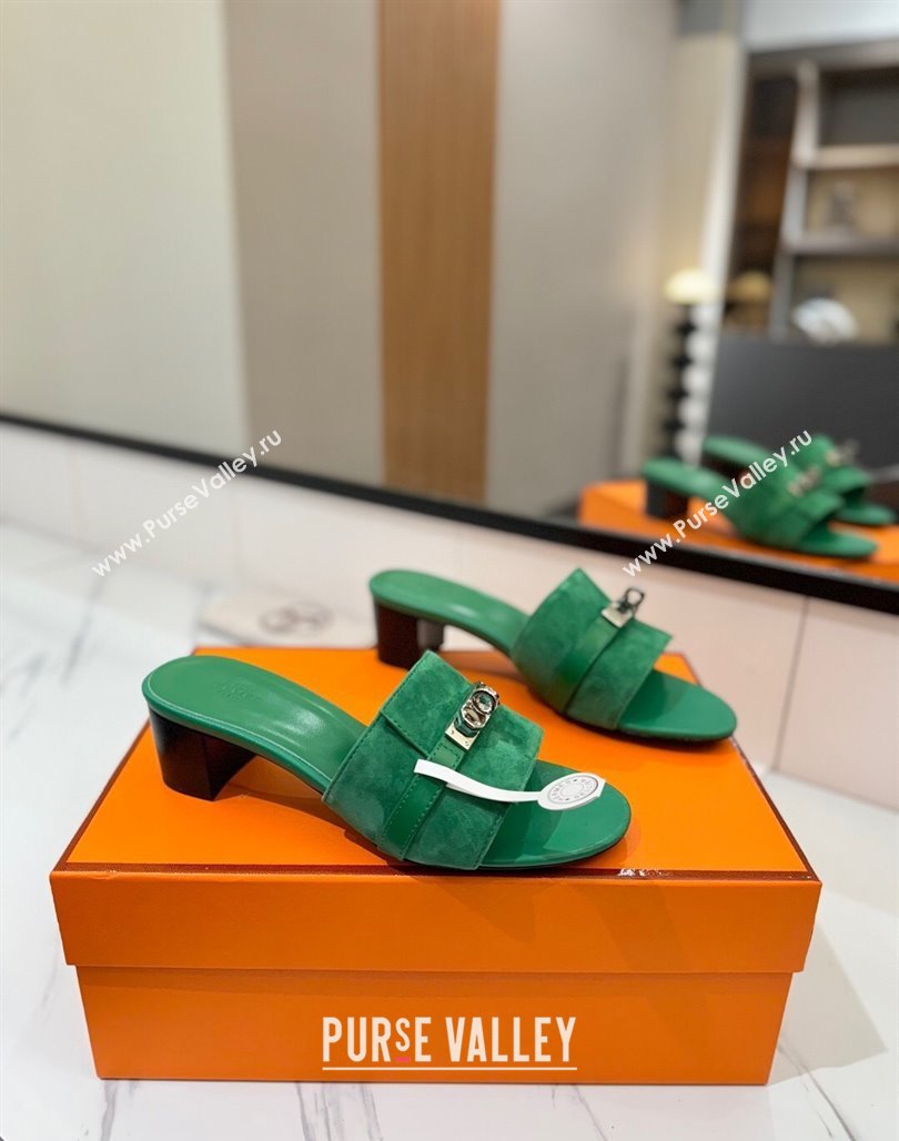 Hermes Gigi Heel Slides Sandal 4.5cm in Suede with Kelly Buckle Green 2025 0421 (MD-250421046)