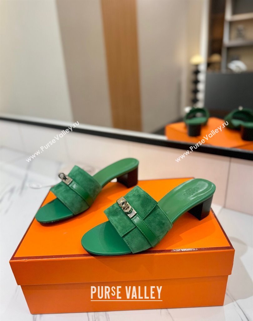 Hermes Gigi Heel Slides Sandal 4.5cm in Suede with Kelly Buckle Green 2025 0421 (MD-250421046)