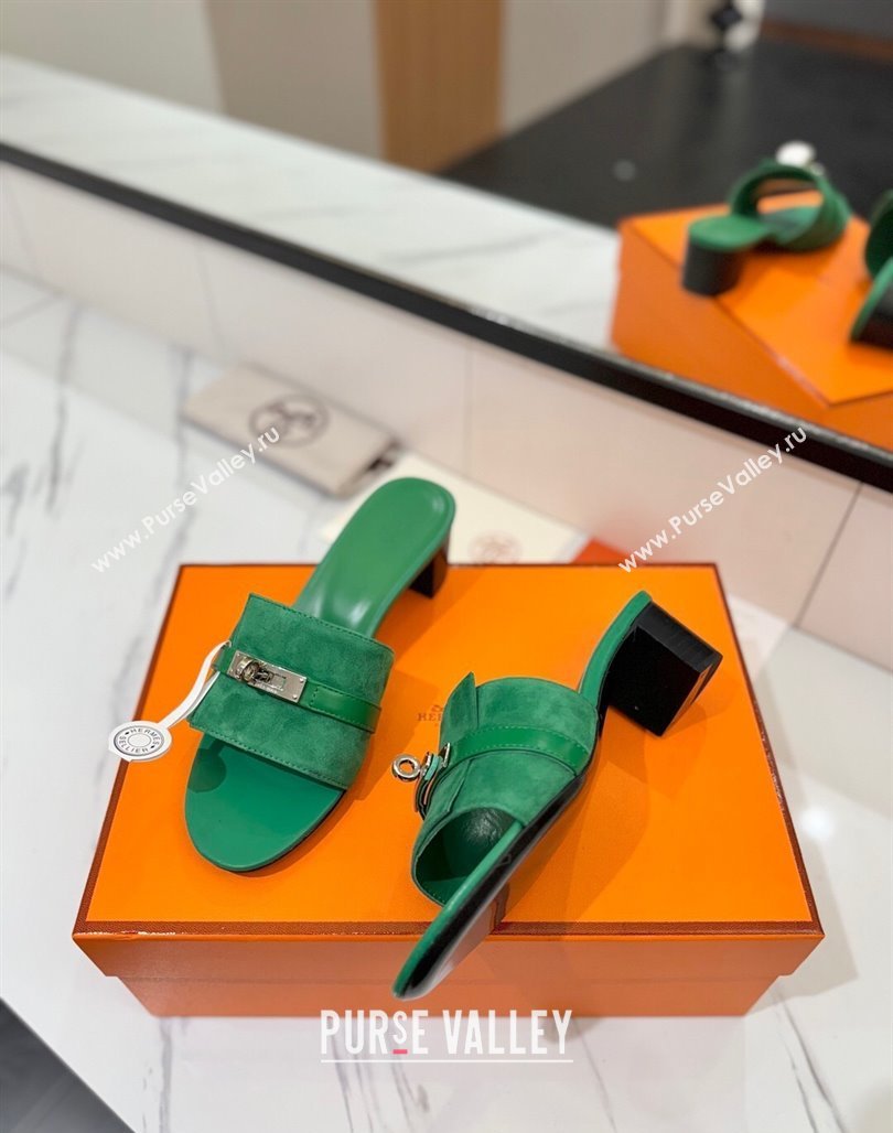 Hermes Gigi Heel Slides Sandal 4.5cm in Suede with Kelly Buckle Green 2025 0421 (MD-250421046)