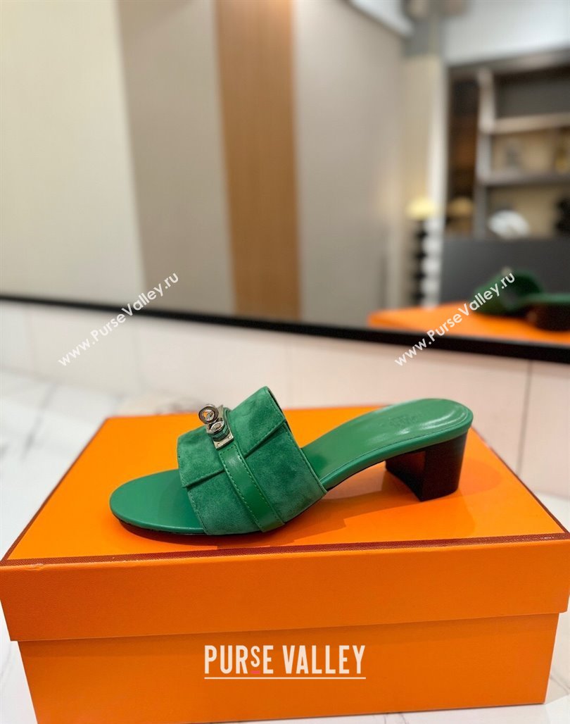Hermes Gigi Heel Slides Sandal 4.5cm in Suede with Kelly Buckle Green 2025 0421 (MD-250421046)