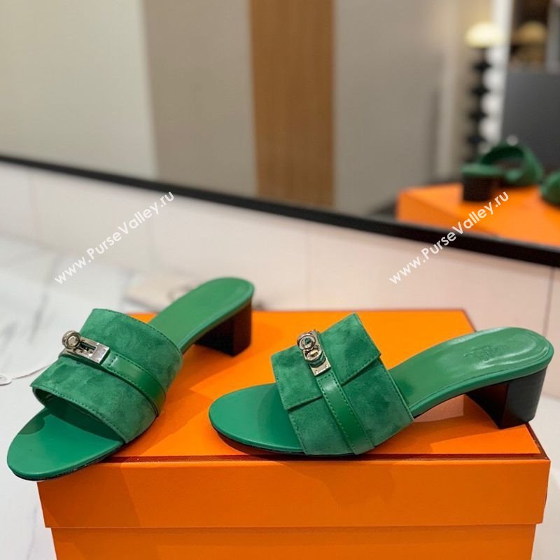 Hermes Gigi Heel Slides Sandal 4.5cm in Suede with Kelly Buckle Green 2025 0421 (MD-250421046)