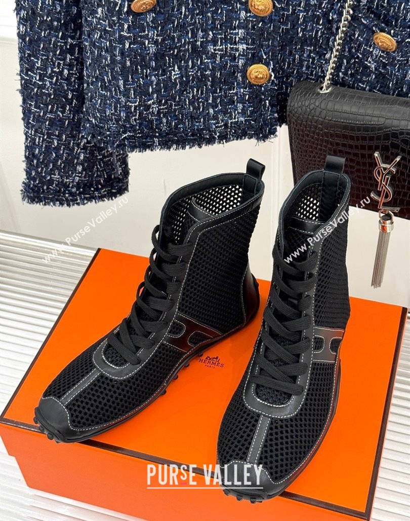 Hermes Kiatsu High-top Sneakers in Crochet Knit Mesh and Calfskin Black 2025 0421 (MD-250421015)