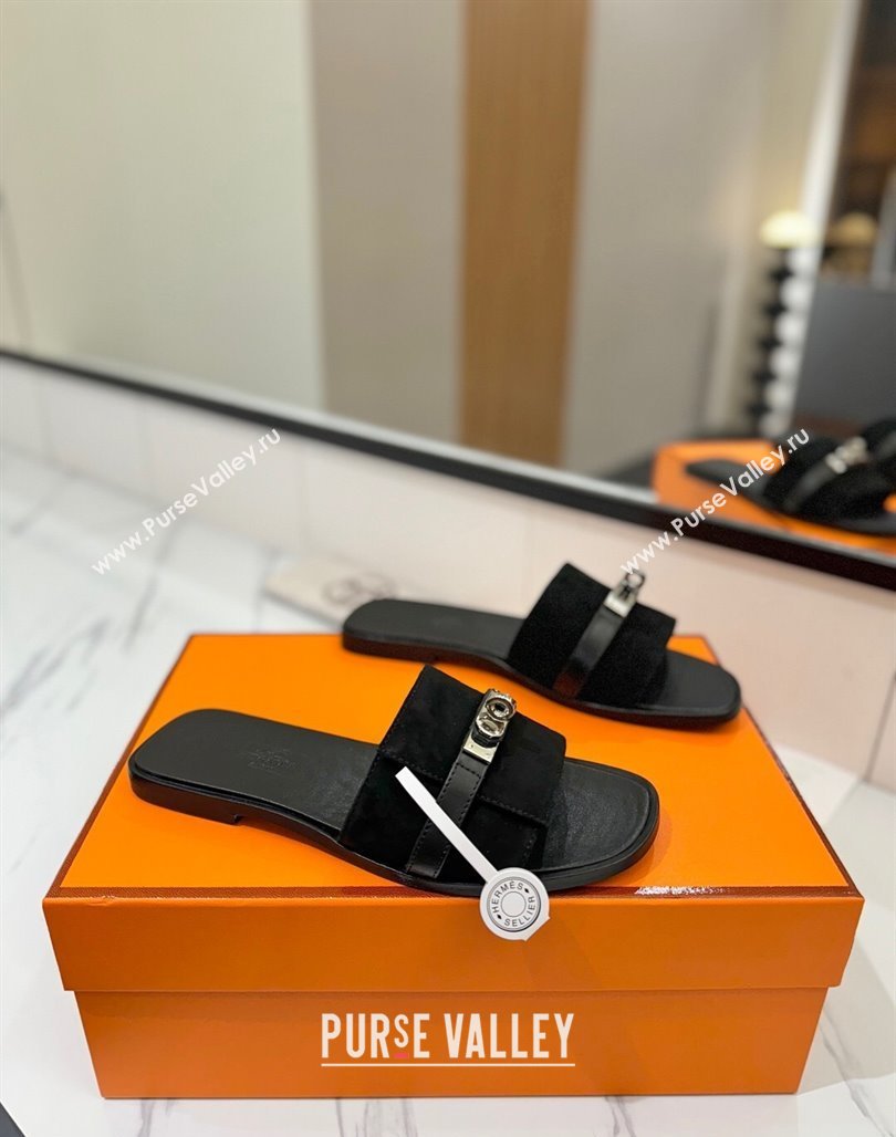 Hermes Giulia Flat Slides Sandal in Suede with Kelly Buckle Strap Black 2025 0421 (MD-250421047)